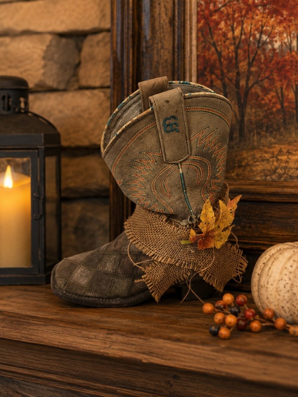 Rustic Western Cowboy Boot Vase Harvest Fall Decor Burlap Autumn Leaves Seasonal